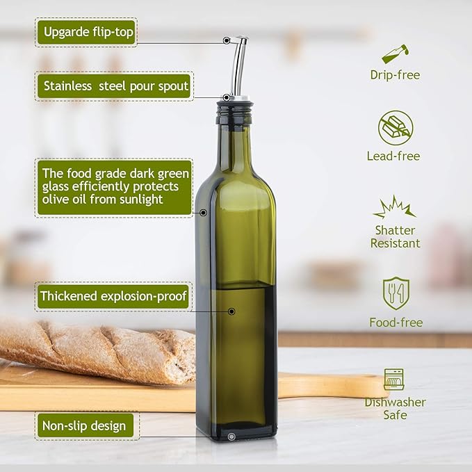 AOZITA 17oz Glass Olive Oil Bottle Dispenser - 500ml Green Oil and Vinegar Cruet with Pourers and Funnel - Olive Oil Carafe Decanter for Kitchen